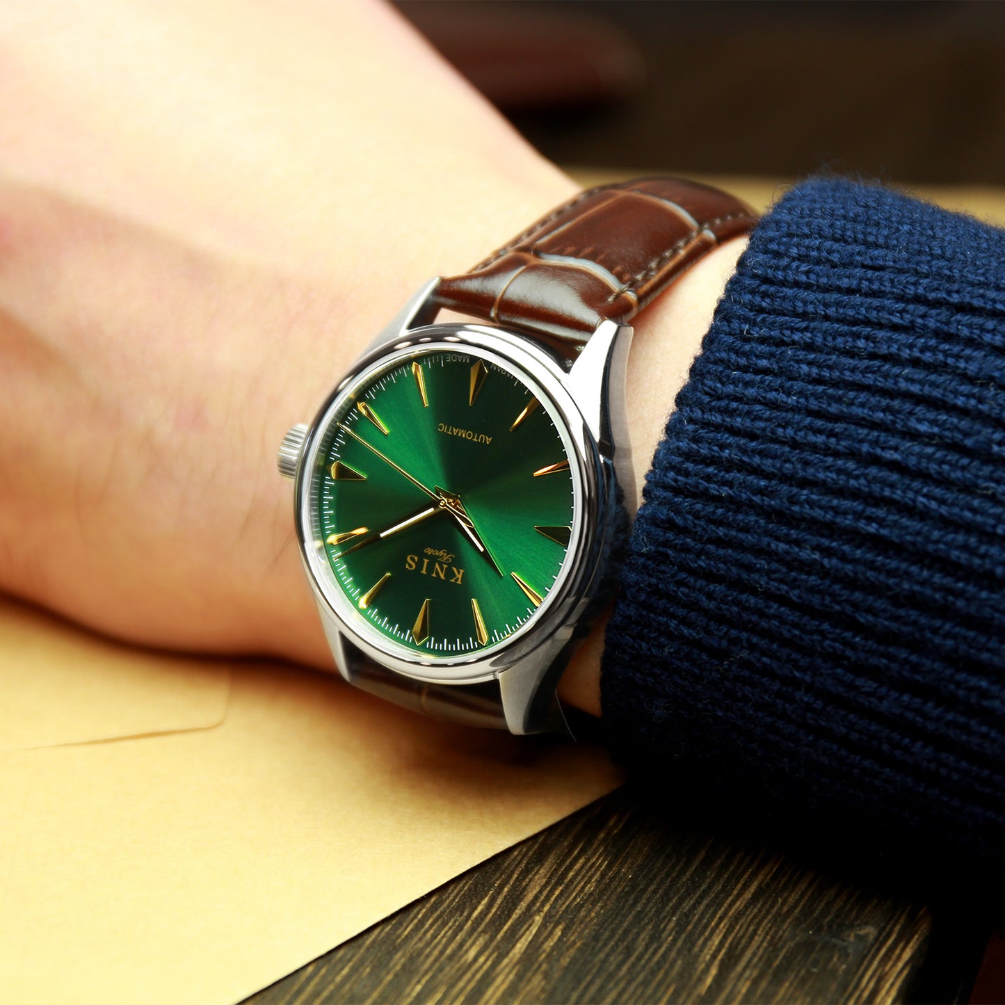 KNIS 自動巻き サンレイダイアル グリーン ブラウン レザー KN001-GRBRLE