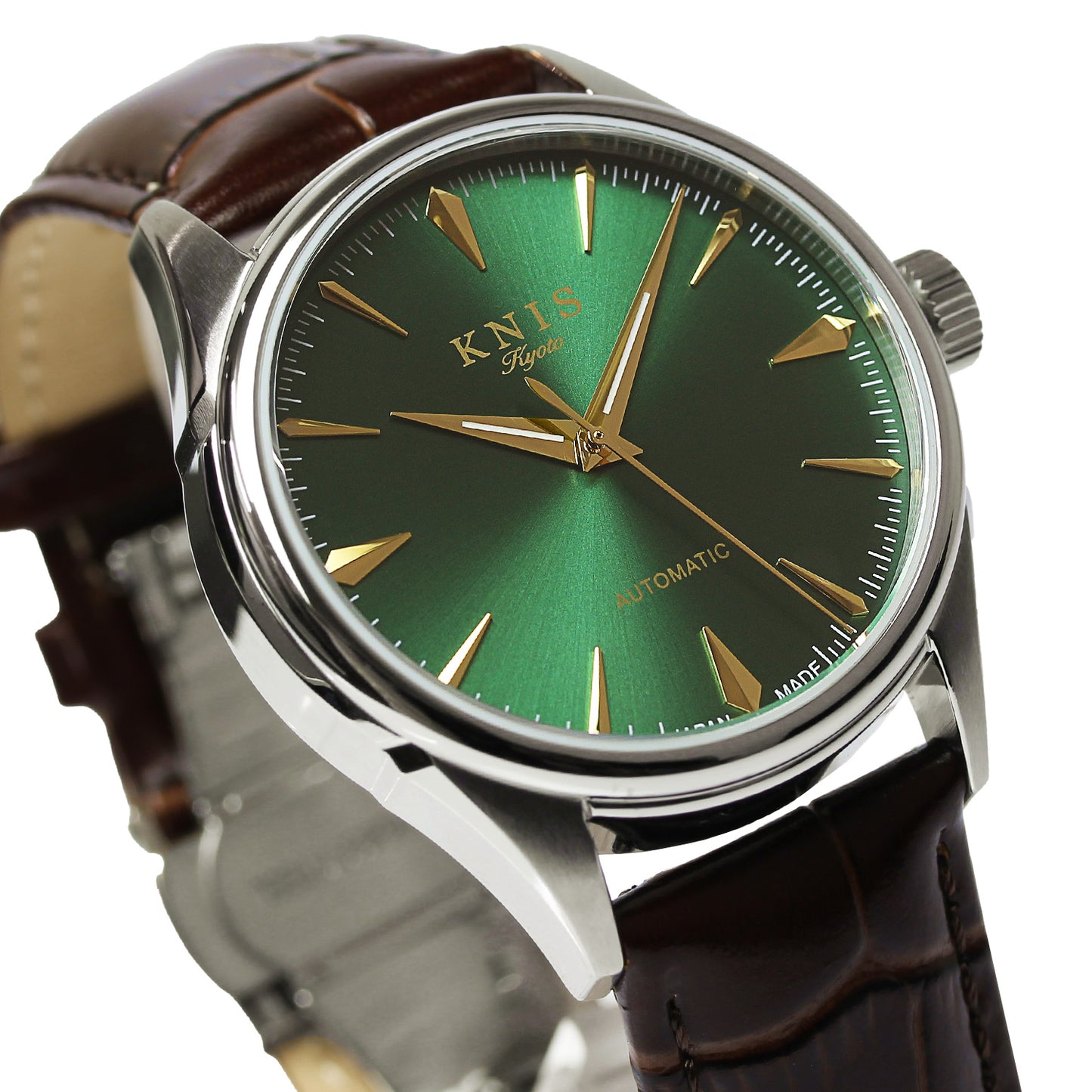 KNIS 自動巻き サンレイダイアル グリーン ブラウン レザー KN001-GRBRLE