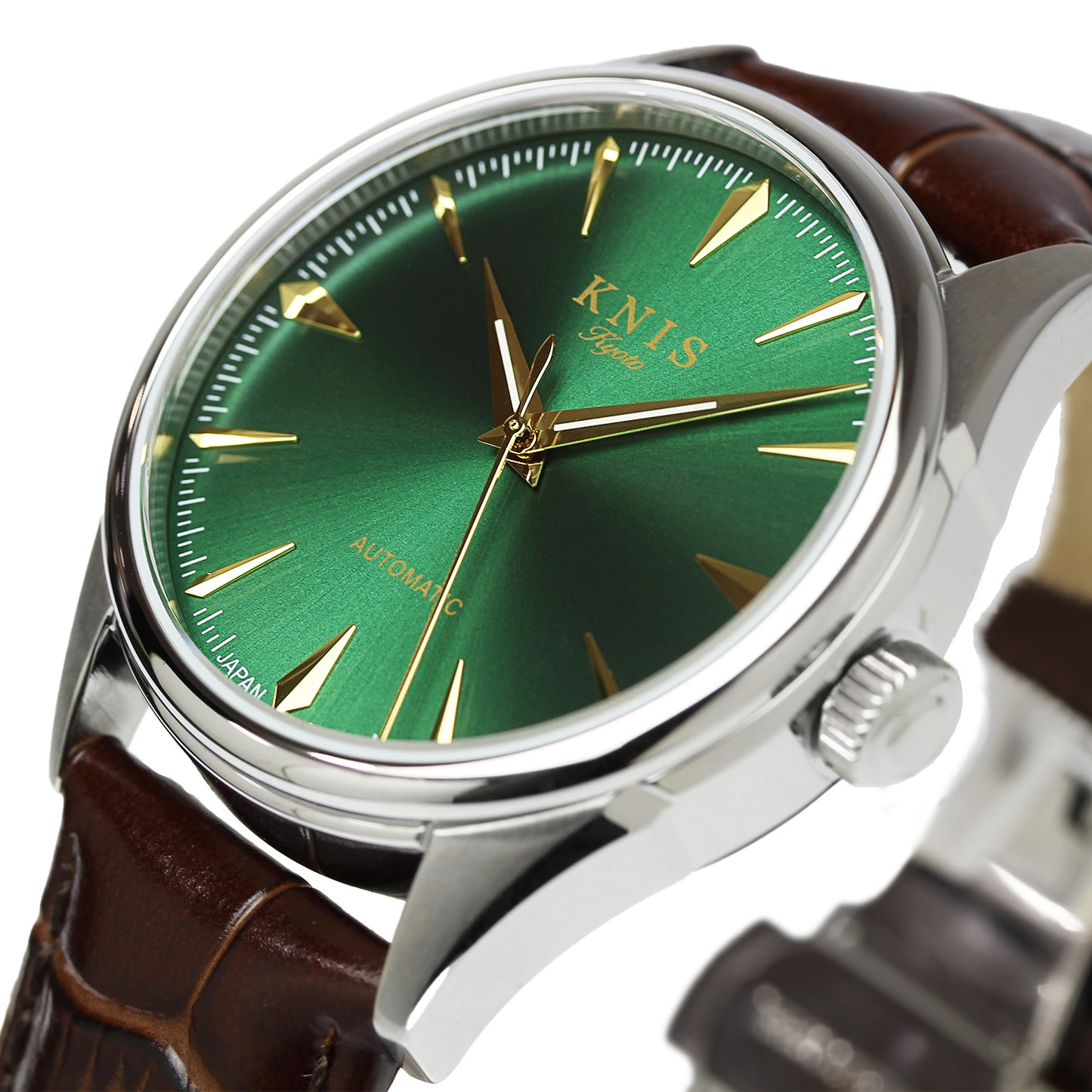 KNIS 自動巻き サンレイダイアル グリーン ブラウン レザー KN001-GRBRLE