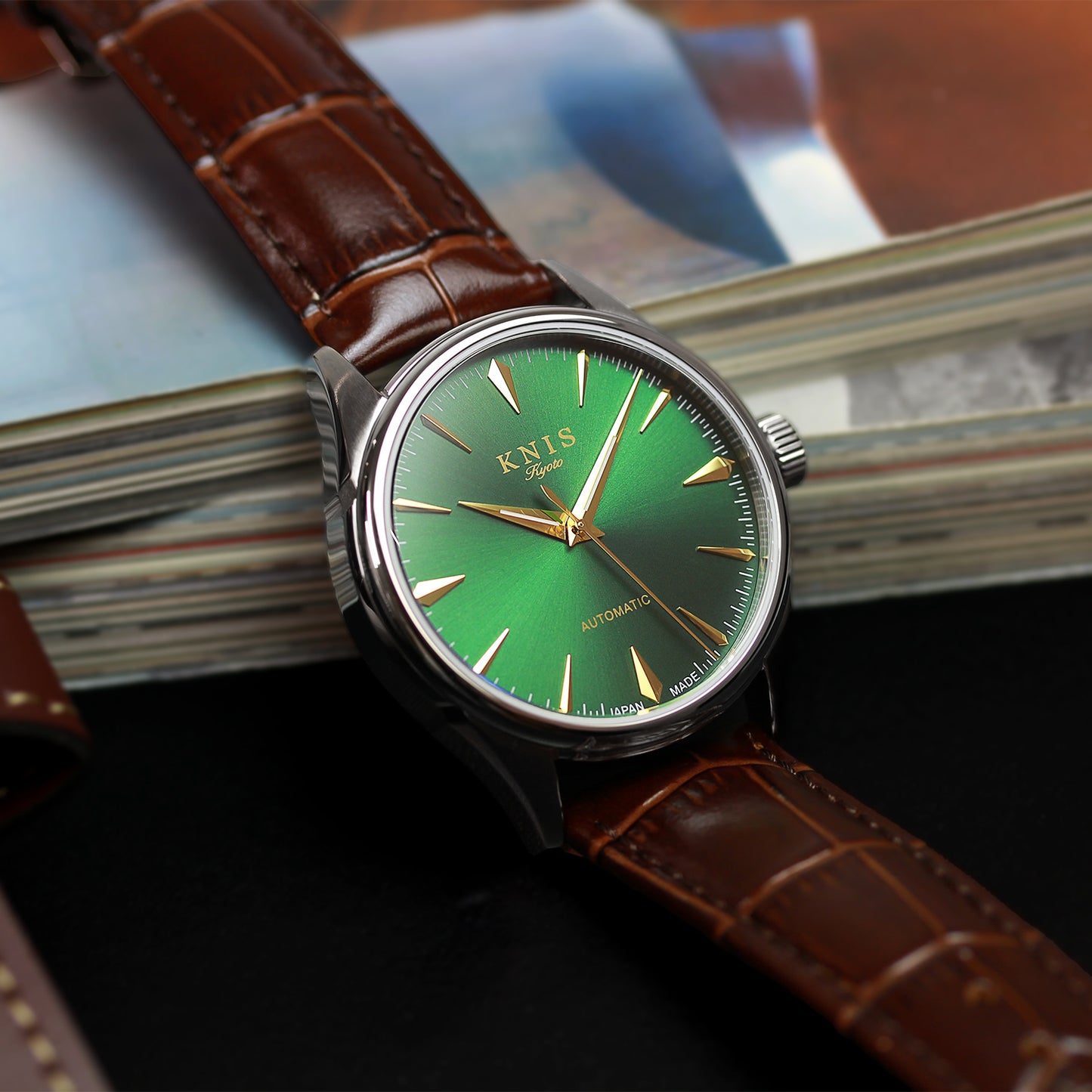 KNIS 自動巻き サンレイダイアル グリーン ブラウン レザー KN001-GRBRLE