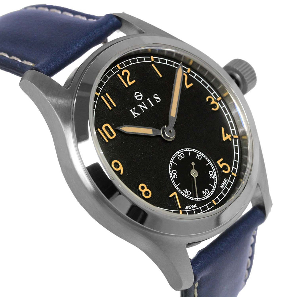 KNIS Retro Military Watch - Black Dial with Navy Leather Strap KN003-BKNVLE