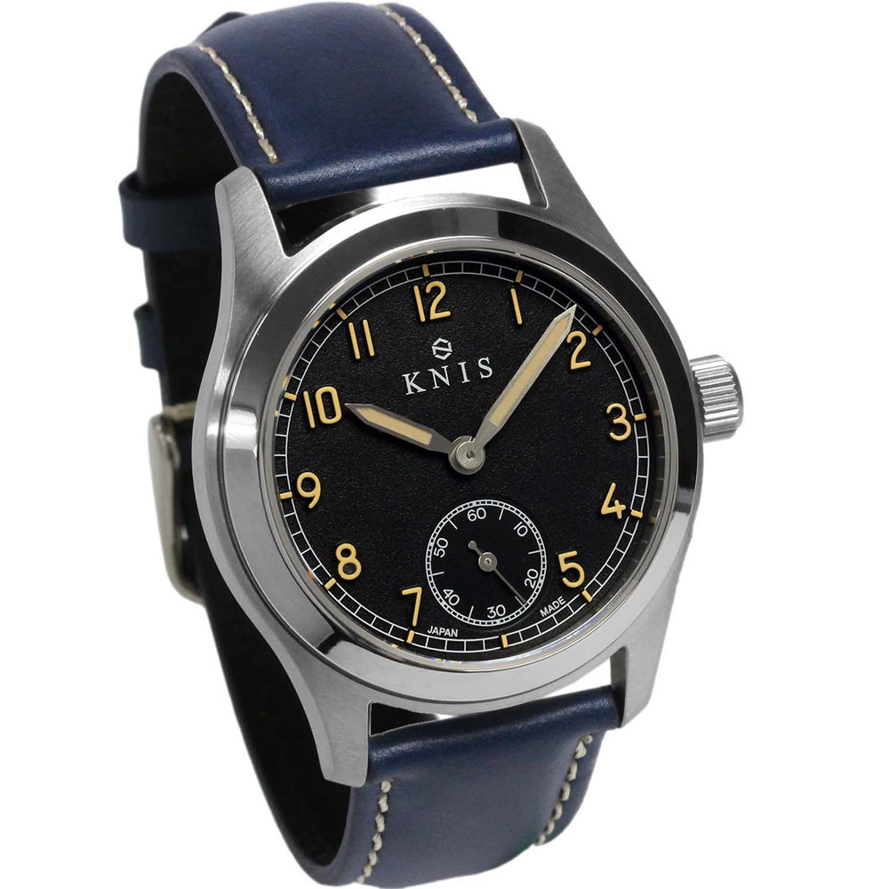 KNIS Retro Military Watch - Black Dial with Navy Leather Strap KN003-BKNVLE