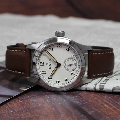 KNIS Retro Military Watch - Off-White Dial with Brown Leather Strap KN003-WHBRLE