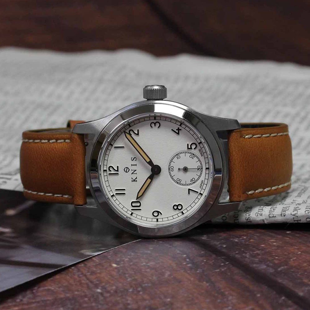 KNIS Retro Military Watch - Off-White Dial with Camel Leather Strap KN003-WHCALE