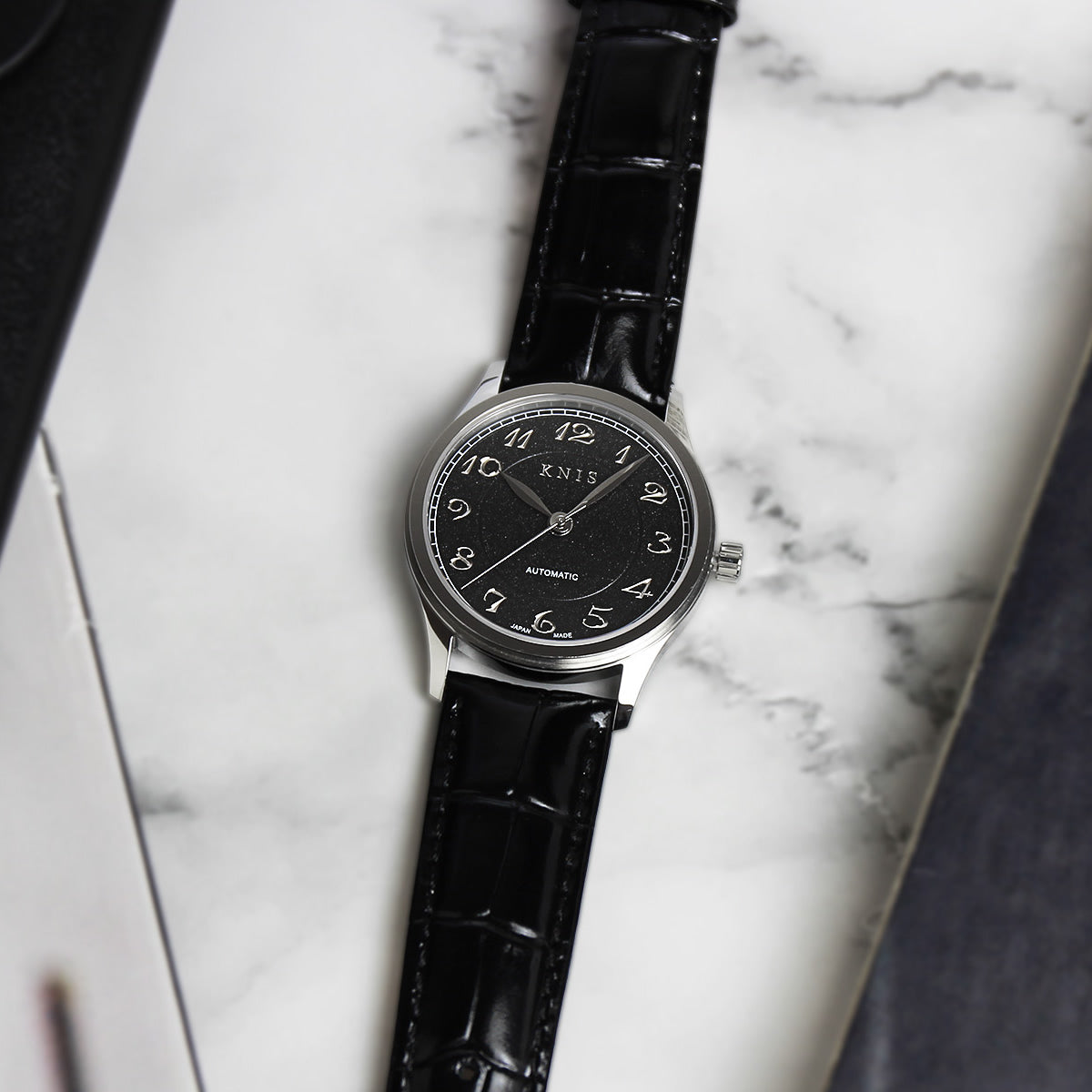 KNIS KOKU Automatic Breguet Numerals Black / Engraved Dial Leather Strap (KN005-BGBKLE)