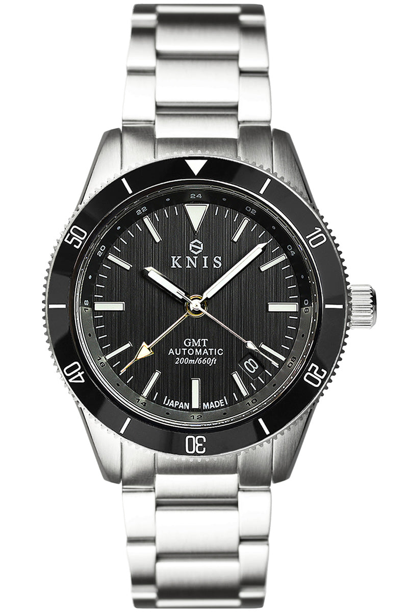 KNIS GMT ダイバーズ 自動巻き 日本製 ステンレスベルト ブラック KN007-BK