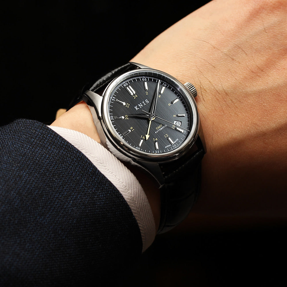 KNIS Classic GMT Automatic Black / Black Leather Strap (KN008-BKBKLE)