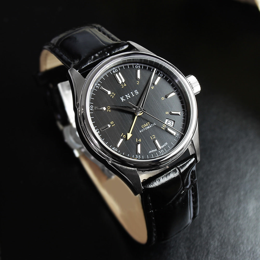 KNIS Classic GMT Automatic Black / Black Leather Strap (KN008-BKBKLE)