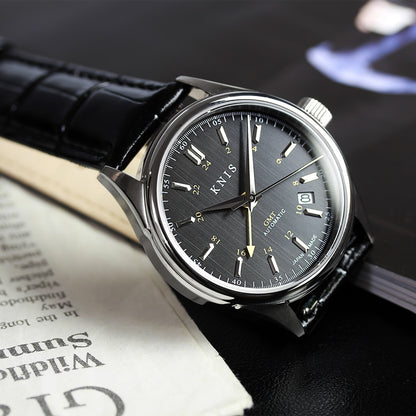 KNIS Classic GMT Automatic Black / Black Leather Strap (KN008-BKBKLE)