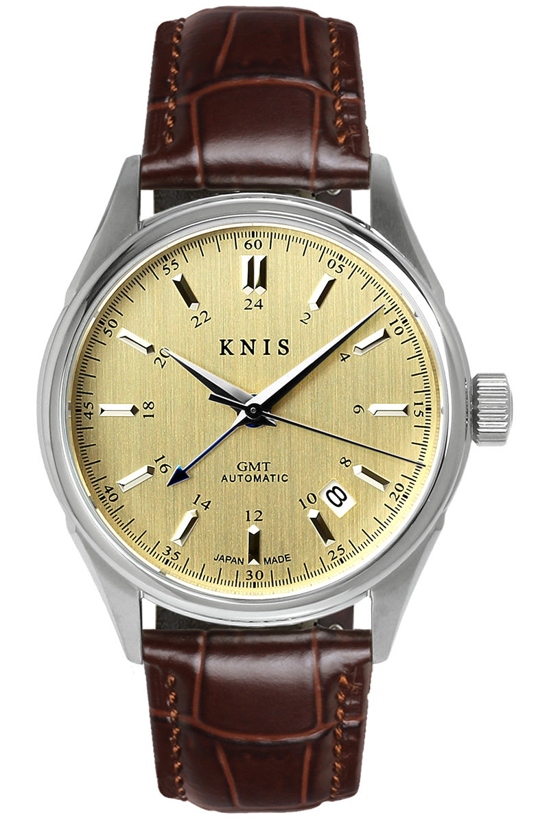 KNIS Classic GMT Automatic Champagne Gold / Brown Leather Strap (KN008-SGBRLE)