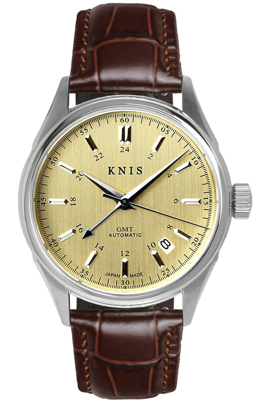 KNIS Classic GMT Automatic Champagne Gold / Brown Leather Strap (KN008-SGBRLE)