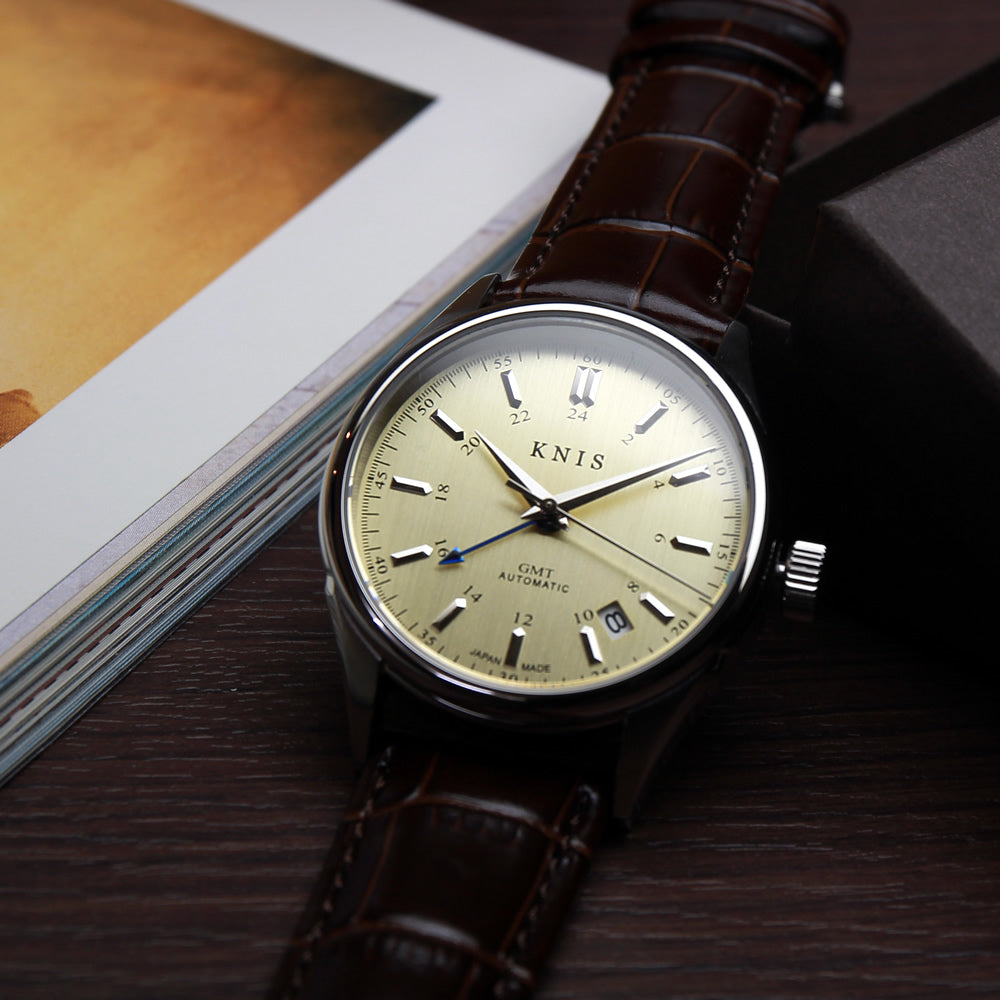 KNIS Classic GMT Automatic Champagne Gold / Brown Leather Strap (KN008-SGBRLE)