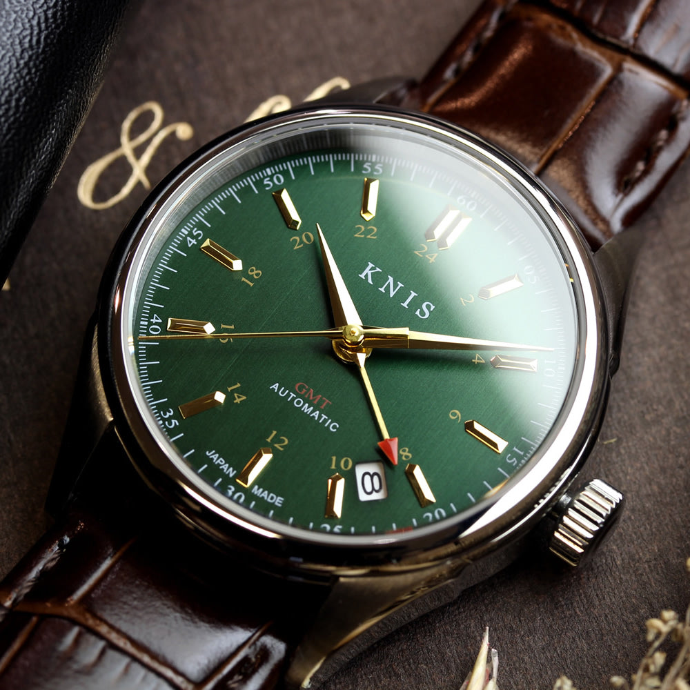 KNIS CLASSIC GMT 自動巻き 日本製 レザー グリーン KN008-GRBRLE