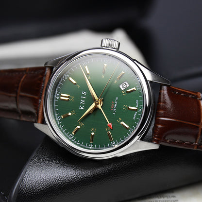 KNIS CLASSIC GMT 自動巻き 日本製 レザー グリーン KN008-GRBRLE