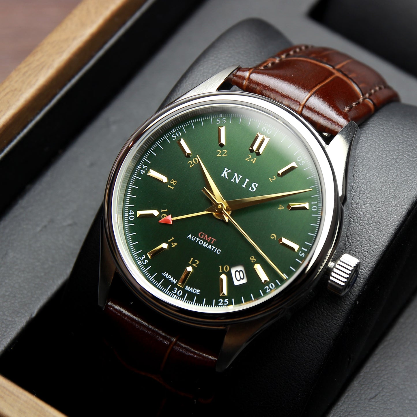KNIS CLASSIC GMT 自動巻き 日本製 レザー グリーン KN008-GRBRLE