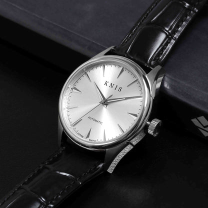 KNIS Automatic Sunray Dial White Silver Black Leather KN001-WHBKLE 